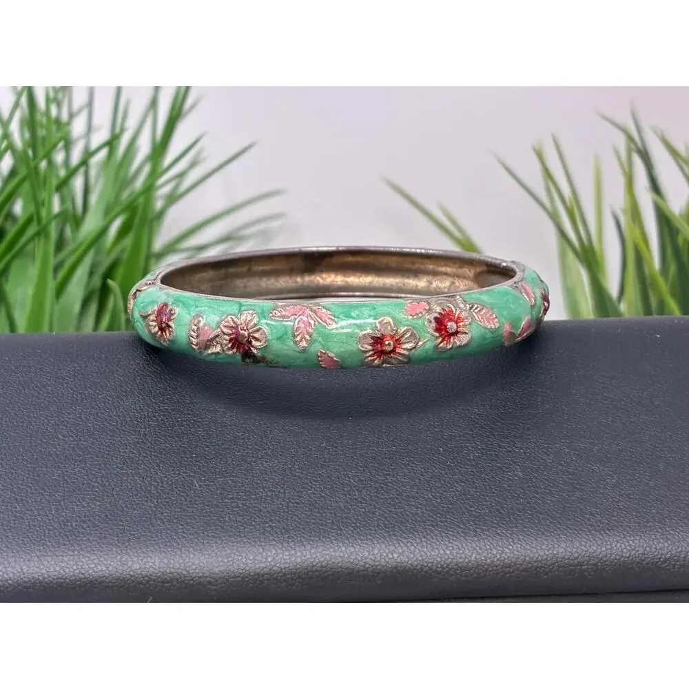 Vintage Mint Green Enamel Floral Bangle Bracelet Gold Tone Hinged Mid Century